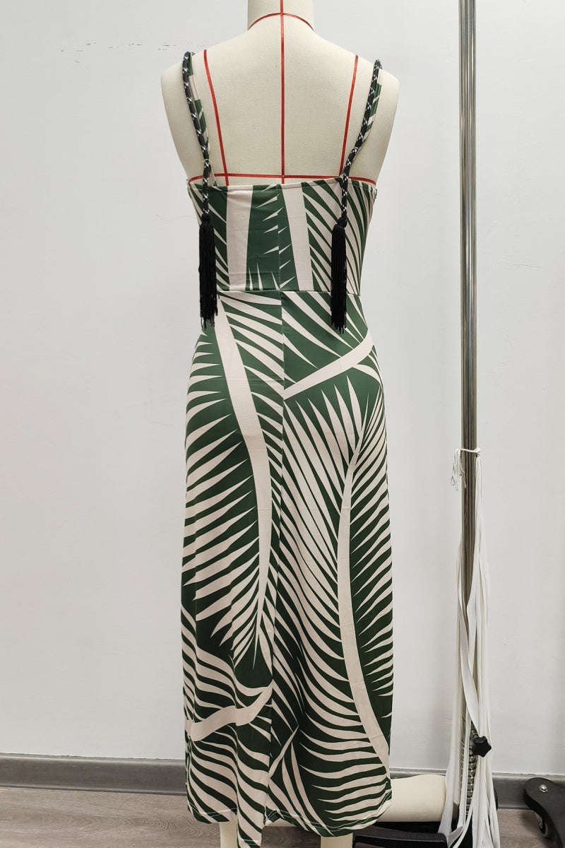 Robes longues décontractées imprimées, dos nu, fente, bretelles spaghetti.