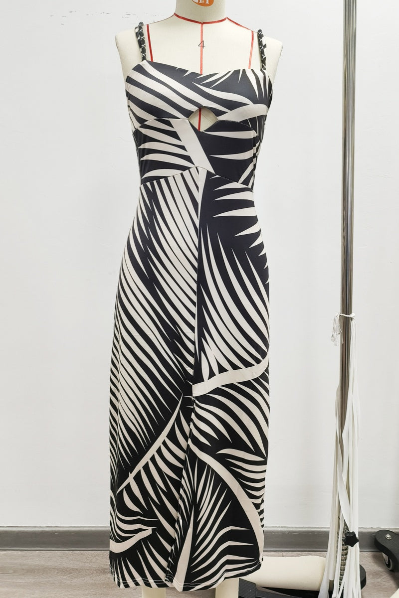 Robes longues décontractées imprimées, dos nu, fente, bretelles spaghetti.