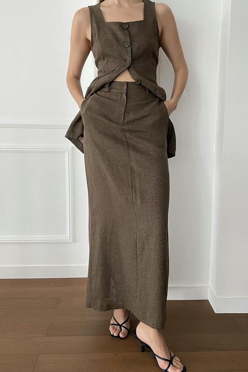 Ensemble deux pièces décontracté, uni, à porter au quotidien, avec poches, boutons et col carré, sans manches.