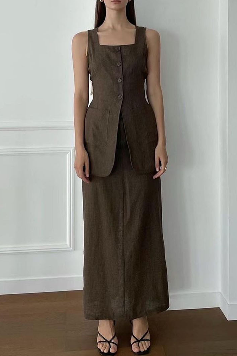 Ensemble deux pièces décontracté, uni, à porter au quotidien, avec poches, boutons et col carré, sans manches.