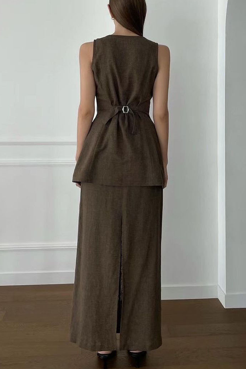 Ensemble deux pièces décontracté, uni, à porter au quotidien, avec poches, boutons et col carré, sans manches.