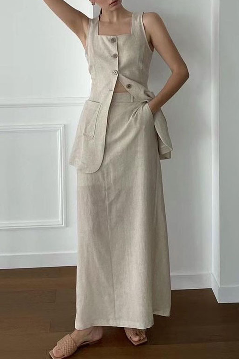 Ensemble deux pièces décontracté, uni, à porter au quotidien, avec poches, boutons et col carré, sans manches.