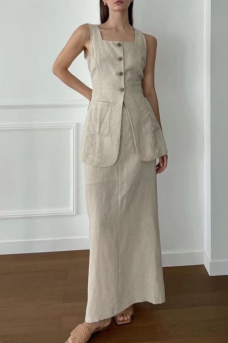 Ensemble deux pièces décontracté, uni, à porter au quotidien, avec poches, boutons et col carré, sans manches.