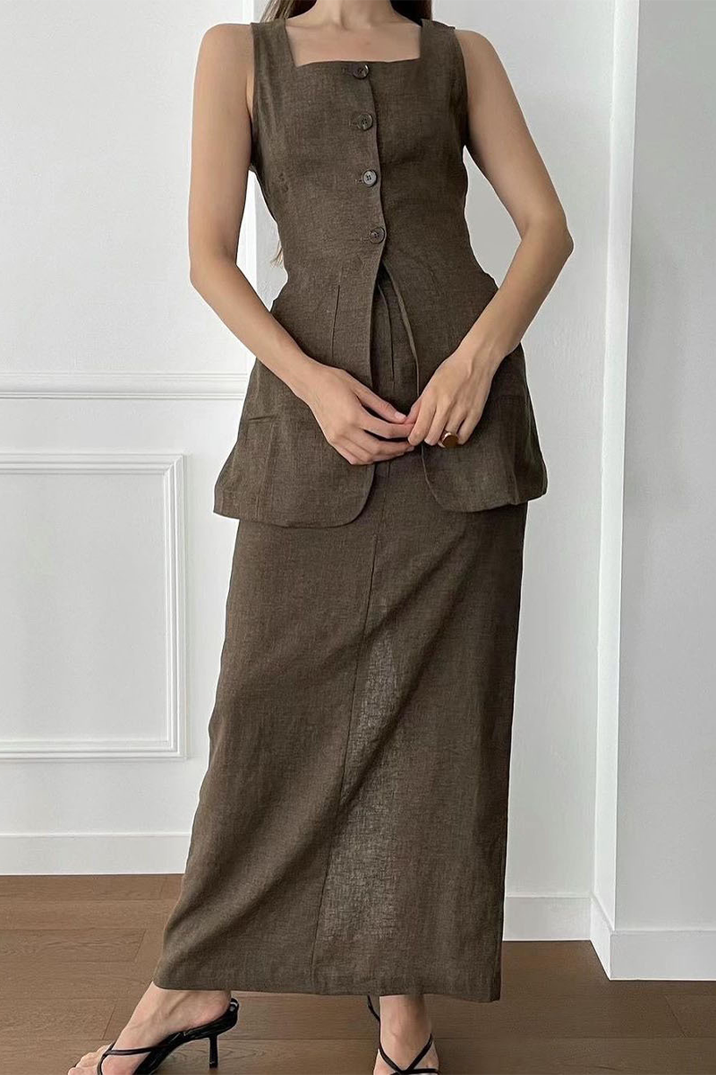 Ensemble deux pièces décontracté, uni, à porter au quotidien, avec poches, boutons et col carré, sans manches.