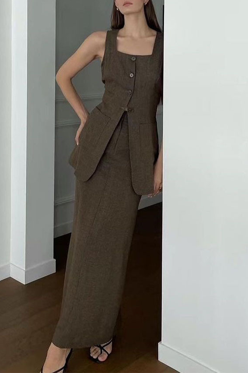 Ensemble deux pièces décontracté, uni, à porter au quotidien, avec poches, boutons et col carré, sans manches.