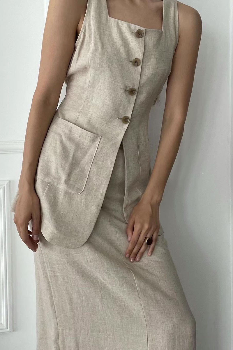 Ensemble deux pièces décontracté, uni, à porter au quotidien, avec poches, boutons et col carré, sans manches.