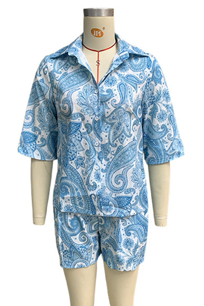 Ensemble deux pièces décontracté à porter au quotidien, imprimé floral, poches, col montant, manches courtes.