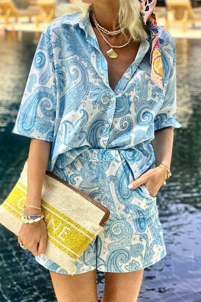 Ensemble deux pièces décontracté à porter au quotidien, imprimé floral, poches, col montant, manches courtes.