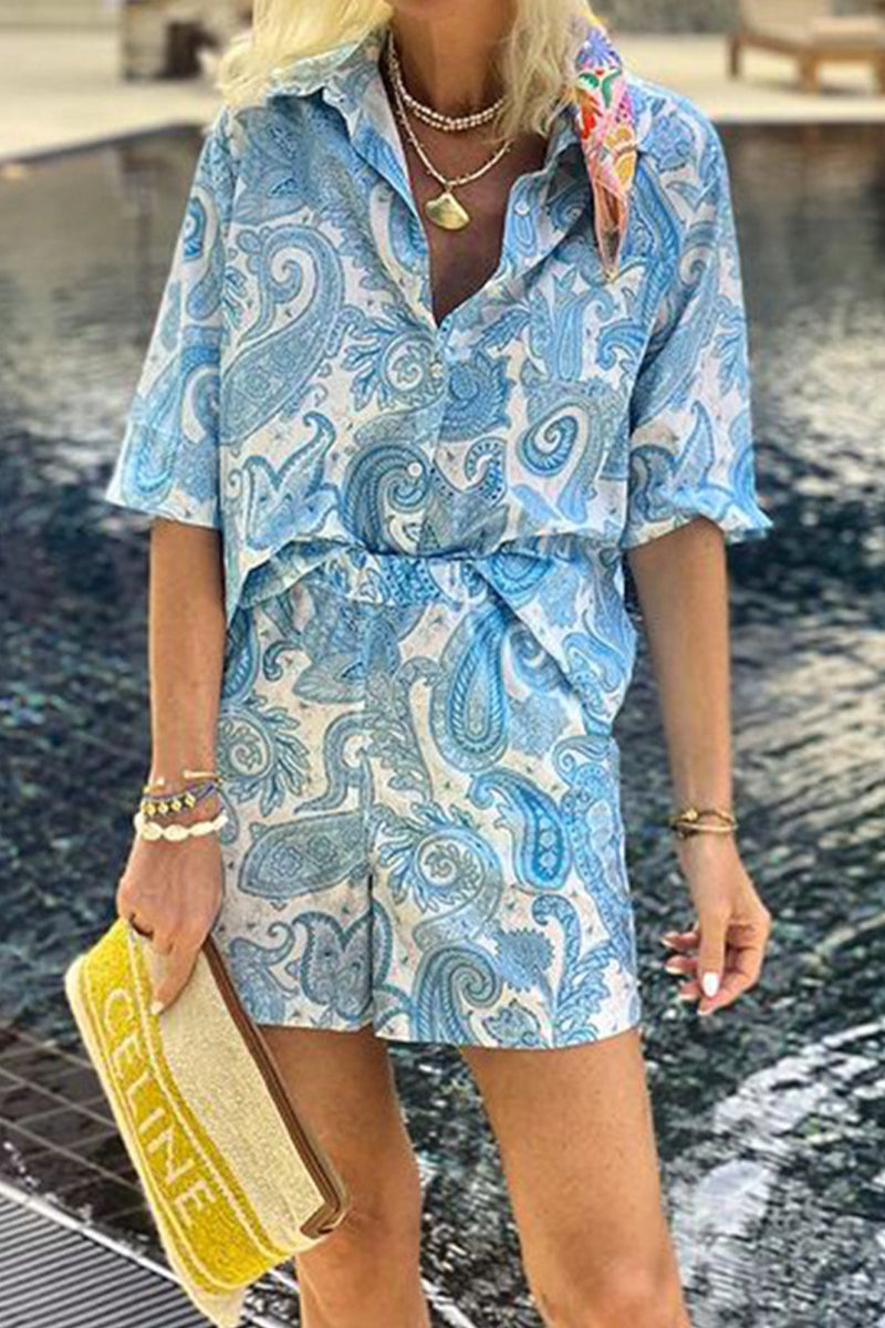 Ensemble deux pièces décontracté à porter au quotidien, imprimé floral, poches, col montant, manches courtes.