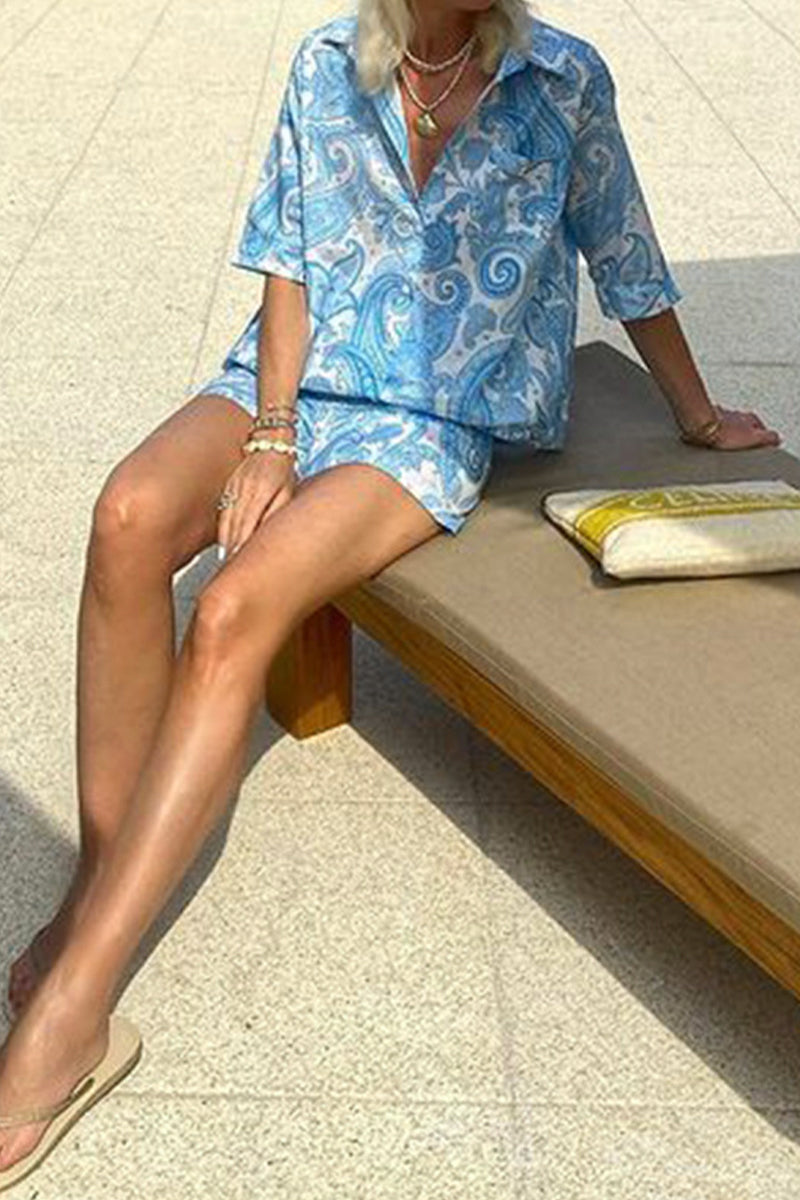 Ensemble deux pièces décontracté à porter au quotidien, imprimé floral, poches, col montant, manches courtes.