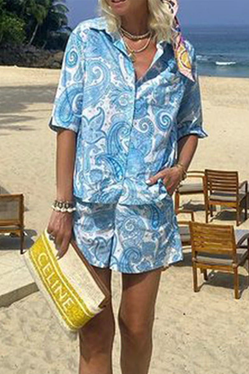 Ensemble deux pièces décontracté à porter au quotidien, imprimé floral, poches, col montant, manches courtes.