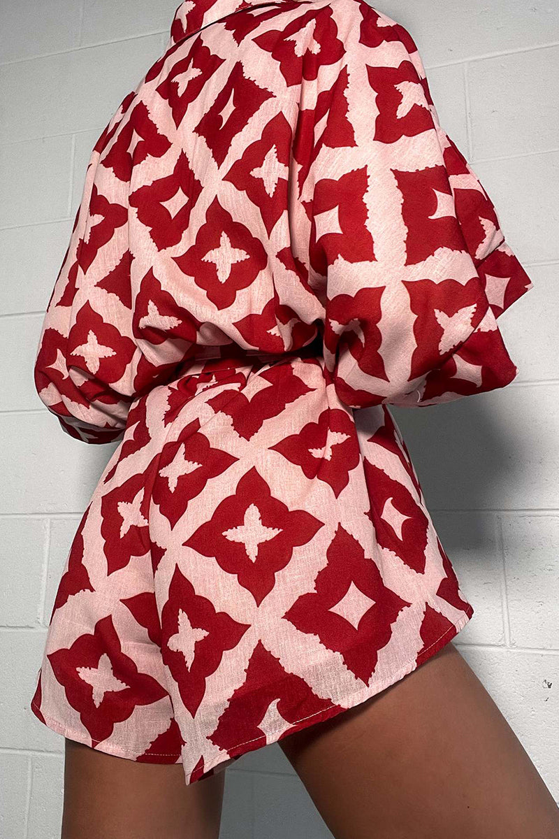 Combinaisons amples décontractées à imprimé losange, à lacets, col montant contrasté.