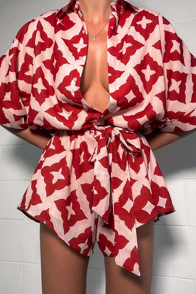 Combinaisons amples décontractées à imprimé losange, à lacets, col montant contrasté.