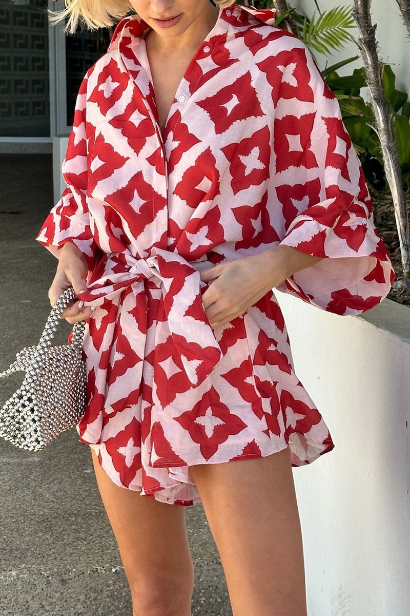 Combinaisons amples décontractées à imprimé losange, à lacets, col montant contrasté.