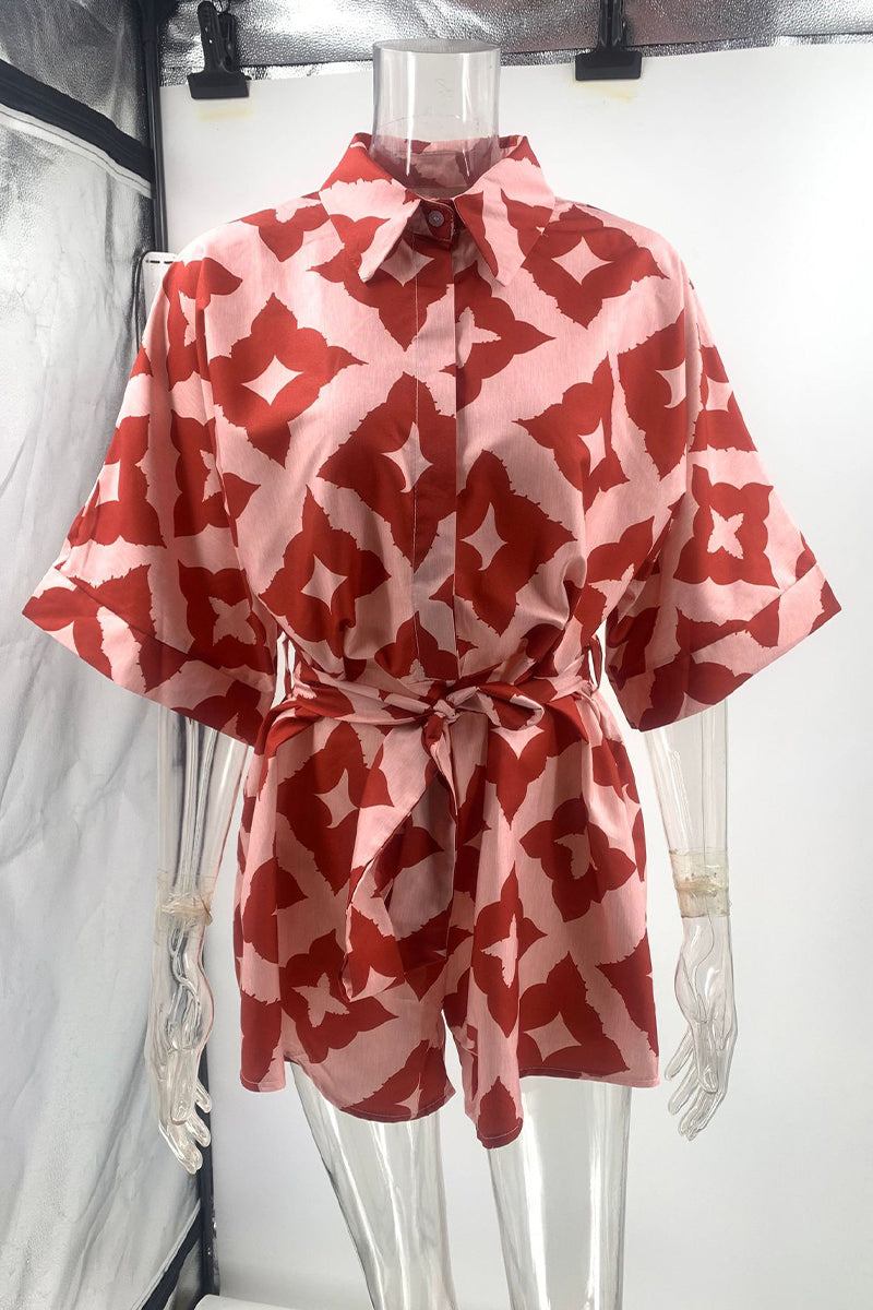 Combinaisons amples décontractées à imprimé losange, à lacets, col montant contrasté.