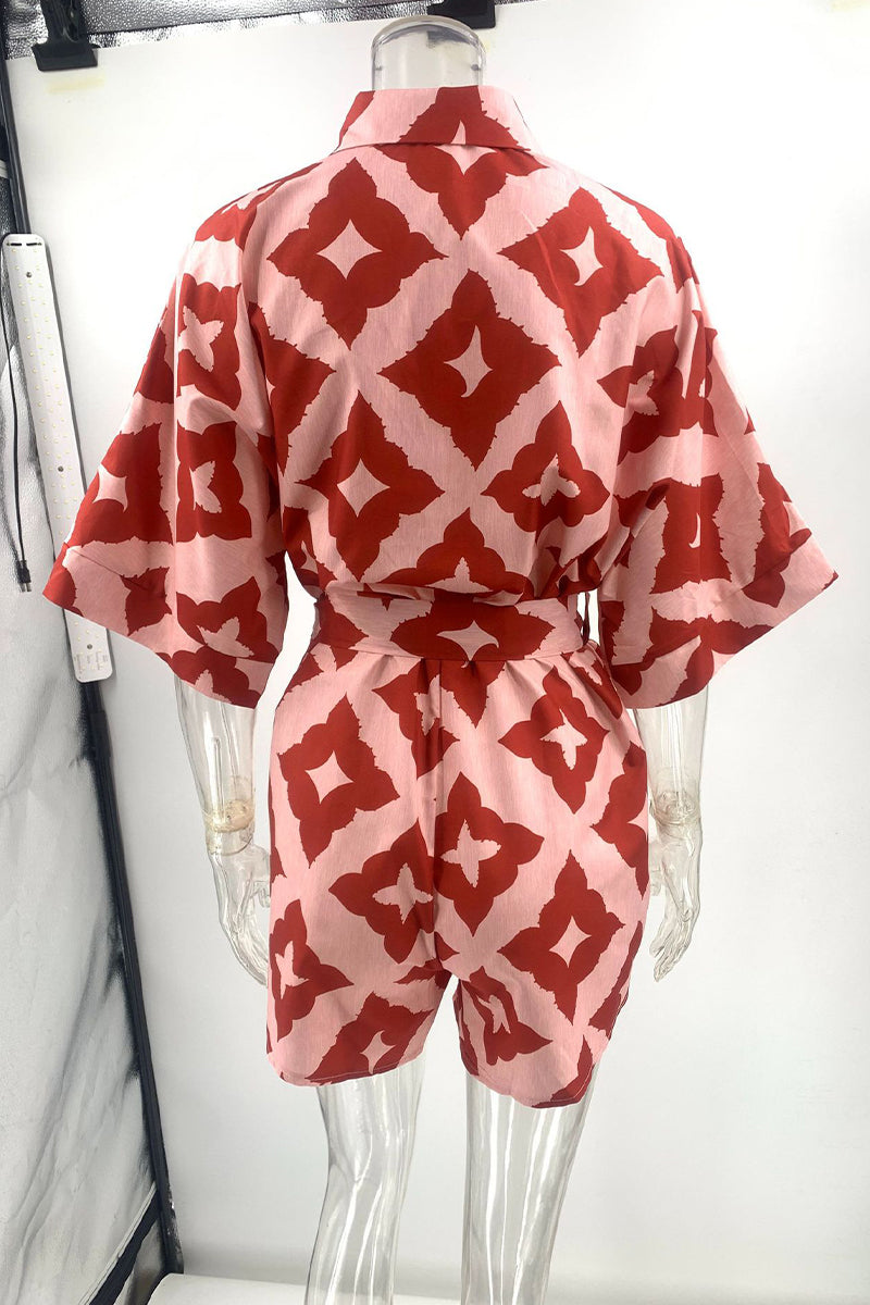 Combinaisons amples décontractées à imprimé losange, à lacets, col montant contrasté.