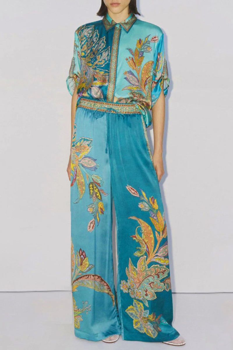 Lässiger Blumendruck Patchwork Umlegekragen Langarm Zweiteiler