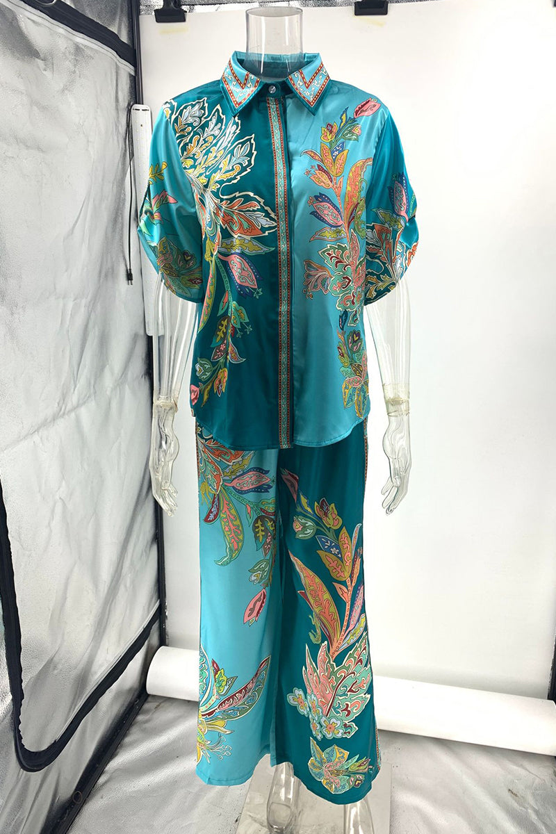 Lässiger Blumendruck Patchwork Umlegekragen Langarm Zweiteiler