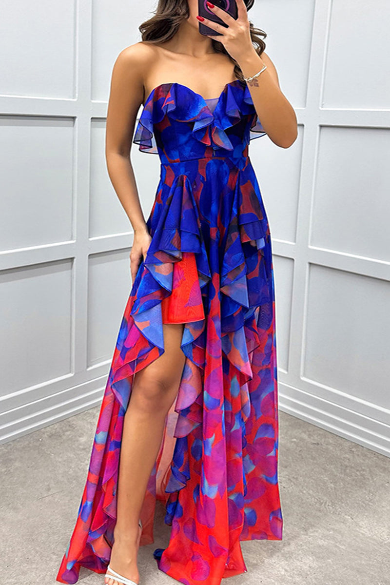 Sexy Gradient Print Ruffle Slit Strapless Irregular Dresses(3 Colors)