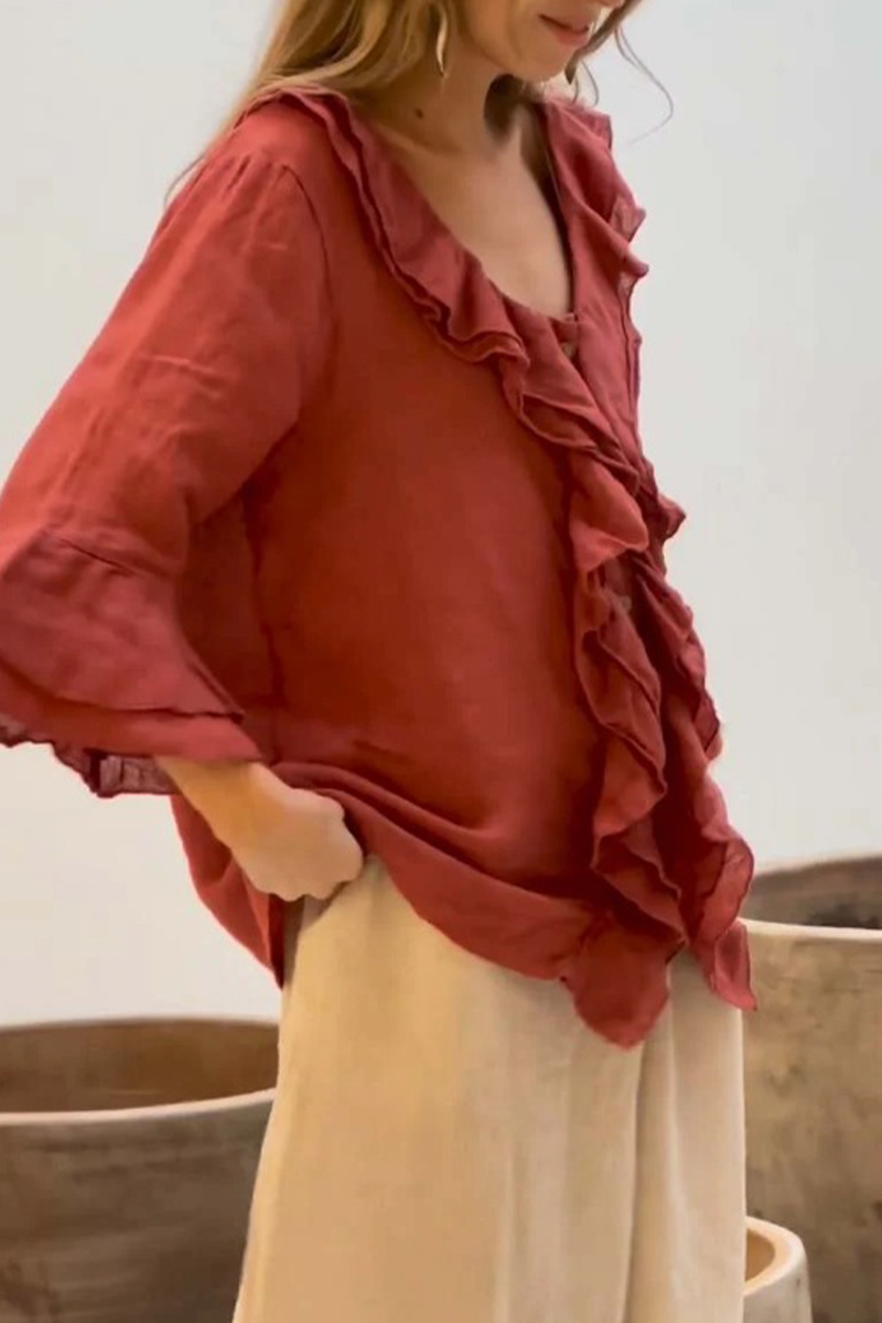 Hauts décontractés, couleur unie, col en V à volants (8 couleurs)