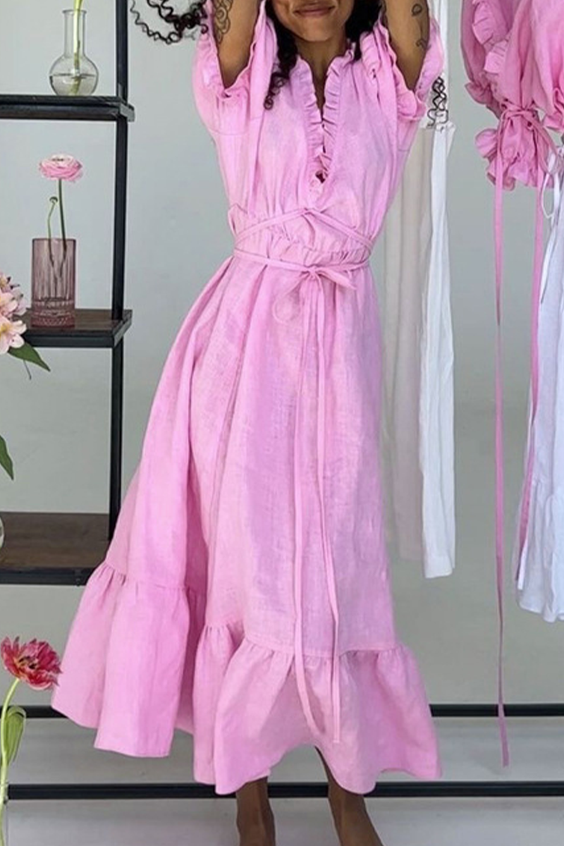 Robe décontractée, ample, à manches courtes, col en V, lacets et volants, couleur unie, pour tous les jours.