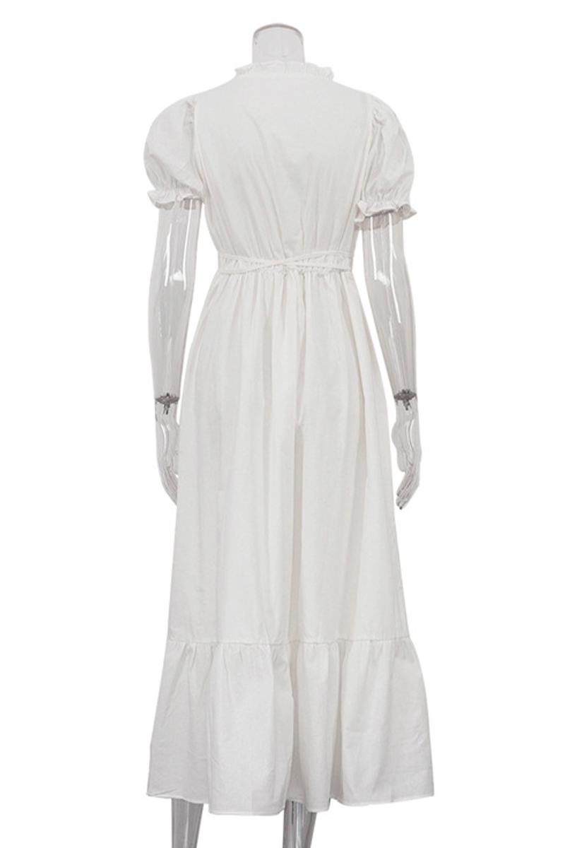 Robe décontractée, ample, à manches courtes, col en V, lacets et volants, couleur unie, pour tous les jours.