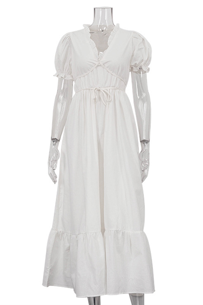 Robe décontractée, ample, à manches courtes, col en V, lacets et volants, couleur unie, pour tous les jours.