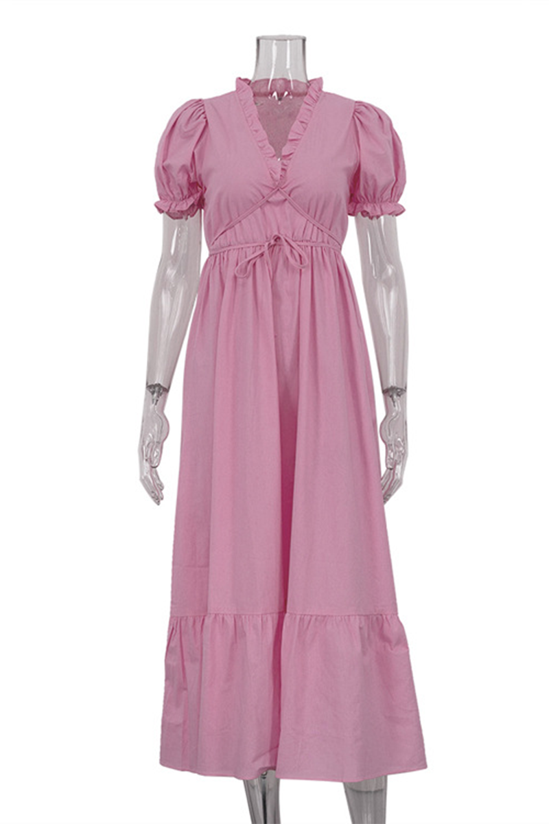 Robe décontractée, ample, à manches courtes, col en V, lacets et volants, couleur unie, pour tous les jours.