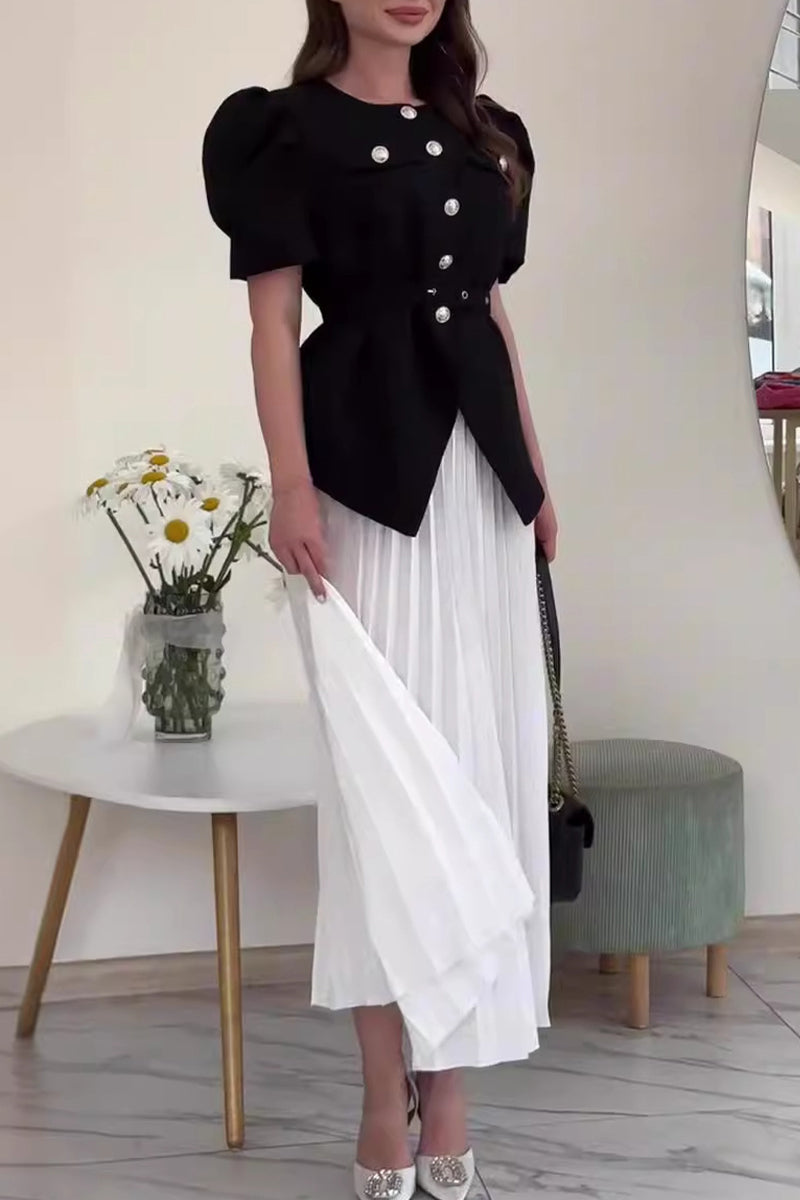 Celebrities Elegant Buttons Patchwork O Neck Short Sleeve Two Pieces(4 Colors)