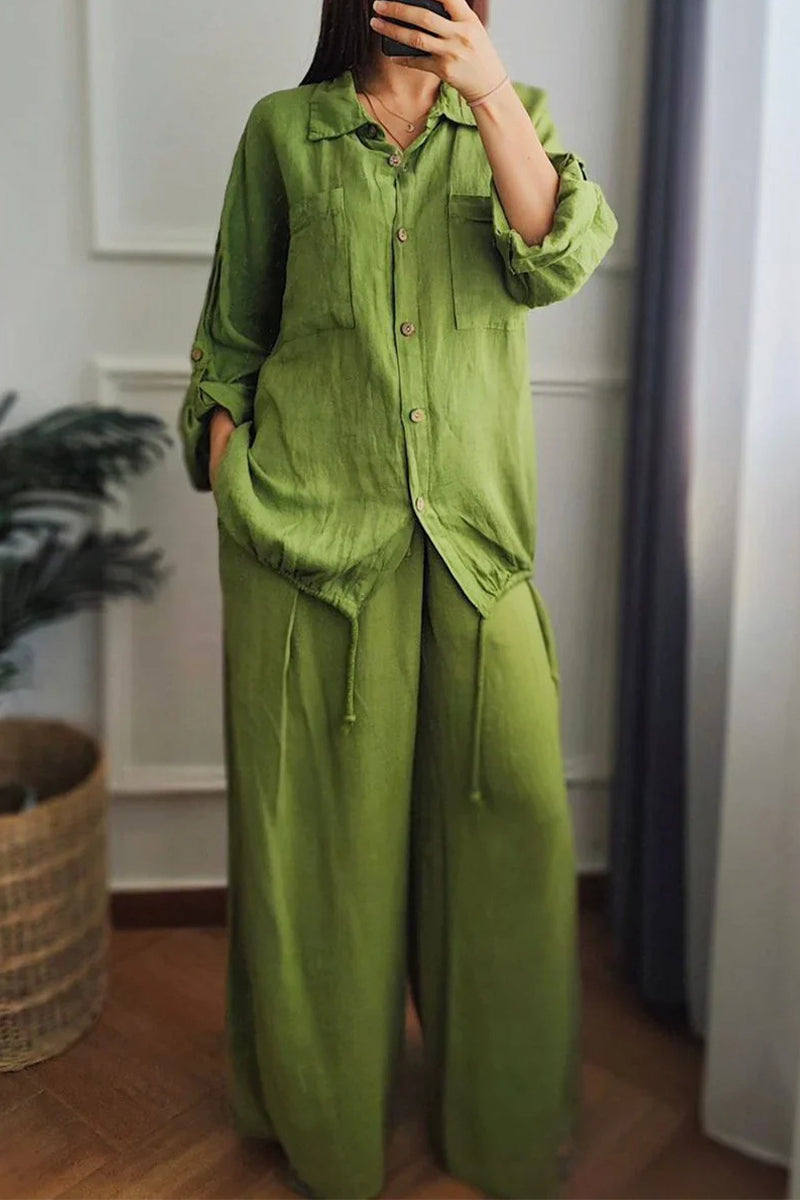 Ensemble deux pièces décontracté à manches longues, col boutonné et revers, avec cordon de serrage (6 couleurs)