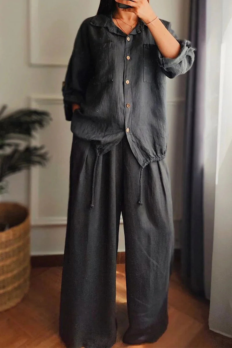 Ensemble deux pièces décontracté à manches longues, col boutonné et revers, avec cordon de serrage (6 couleurs)