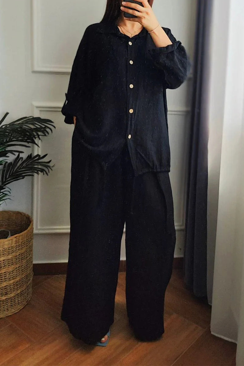 Ensemble deux pièces décontracté à manches longues, col boutonné et revers, avec cordon de serrage (6 couleurs)