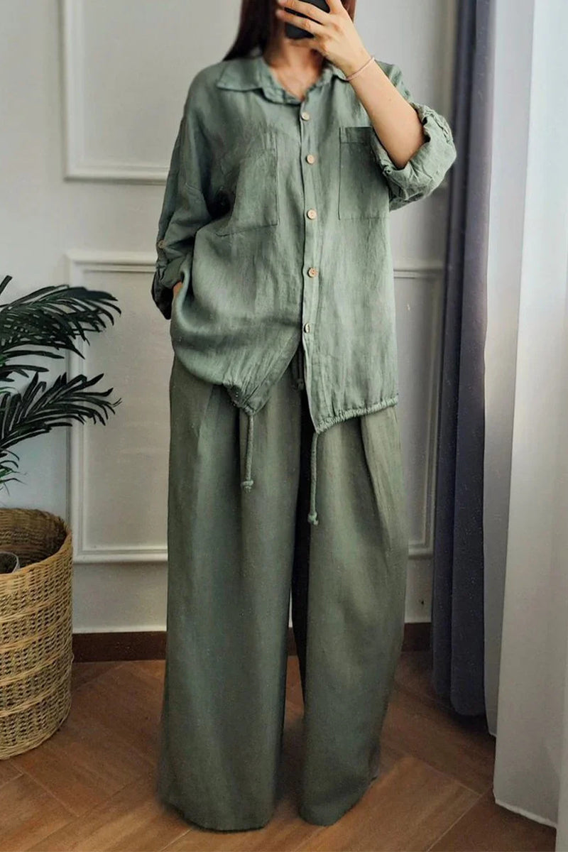 Ensemble deux pièces décontracté à manches longues, col boutonné et revers, avec cordon de serrage (6 couleurs)