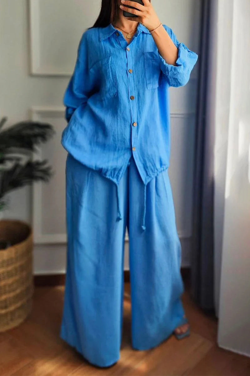 Ensemble deux pièces décontracté à manches longues, col boutonné et revers, avec cordon de serrage (6 couleurs)