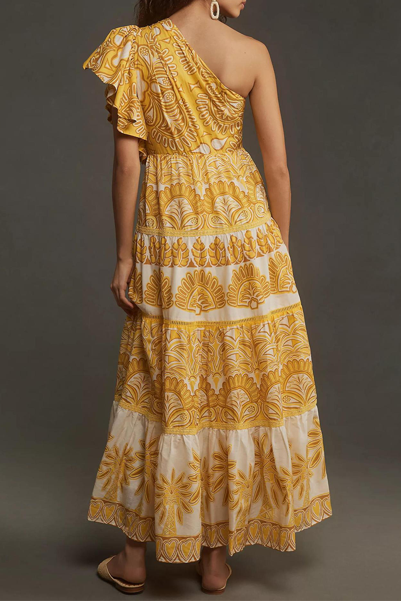 Robes élégantes à imprimé floral et volants, épaules tombantes et irrégulières