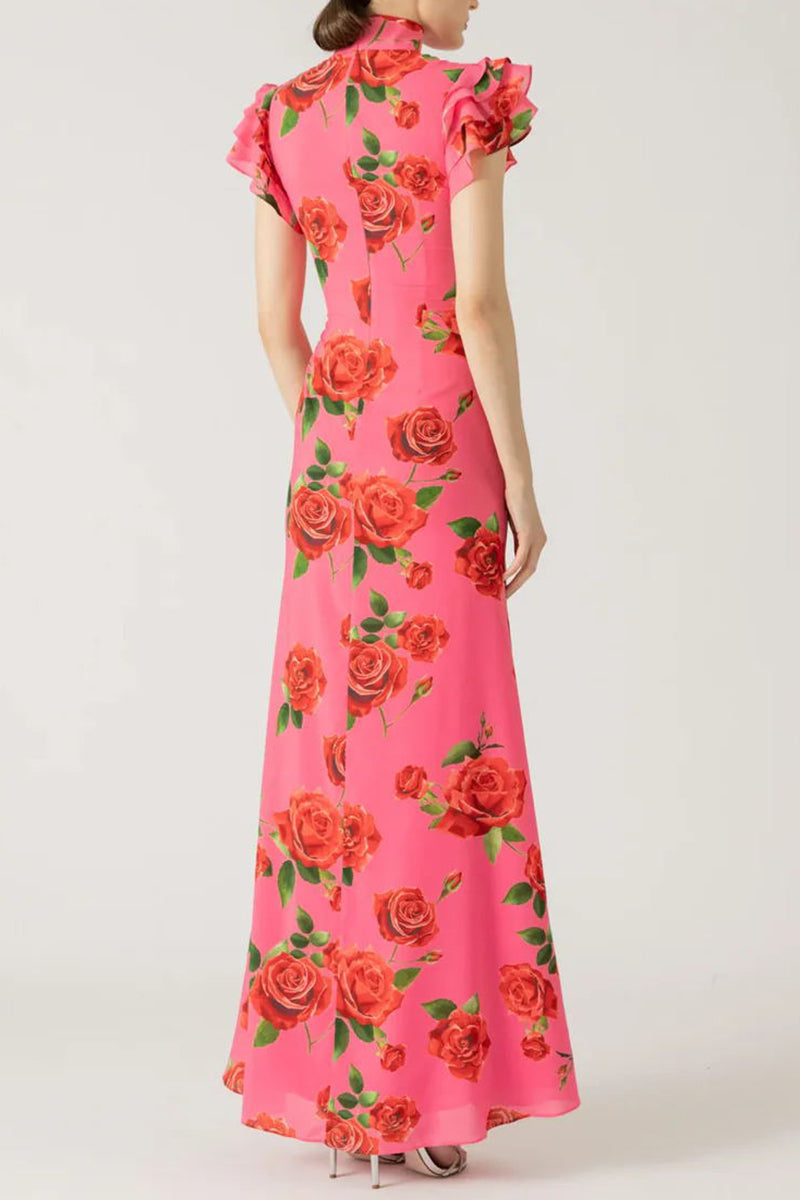 Robes élégantes à volants et col mandarin avec boutons et fleurs au quotidien