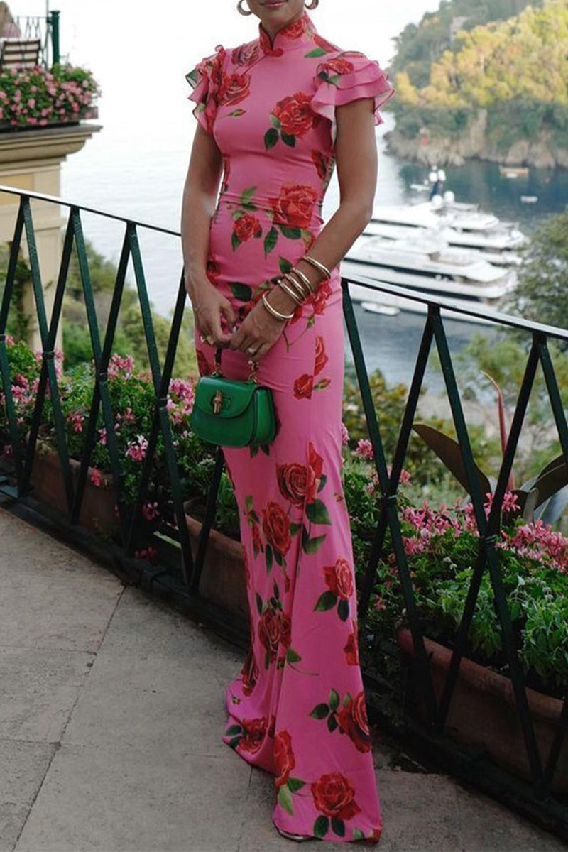 Robes élégantes à volants et col mandarin avec boutons et fleurs au quotidien