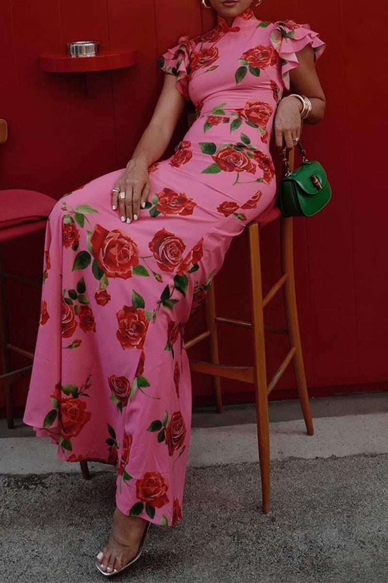 Robes élégantes à volants et col mandarin avec boutons et fleurs au quotidien