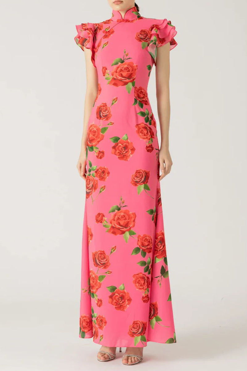 Robes élégantes à volants et col mandarin avec boutons et fleurs au quotidien