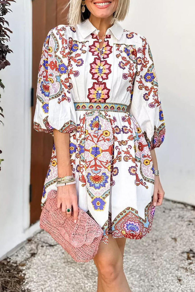 Robes A-line décontractées à imprimé floral, avec poches, boutons et col montant.