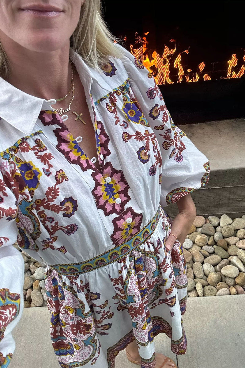 Robes A-line décontractées à imprimé floral, avec poches, boutons et col montant.