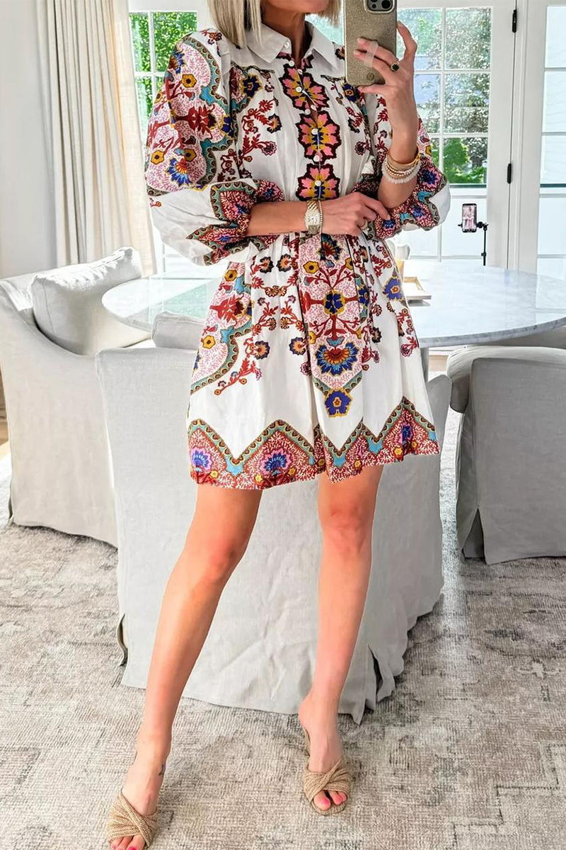 Robes A-line décontractées à imprimé floral, avec poches, boutons et col montant.