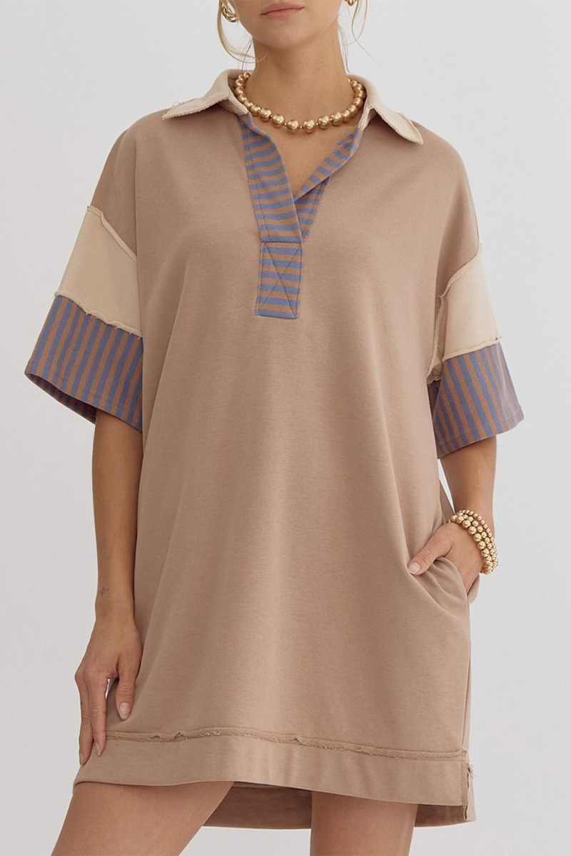 Robe décontractée à manches courtes, col montant, poches et empiècements rayés (5 couleurs)