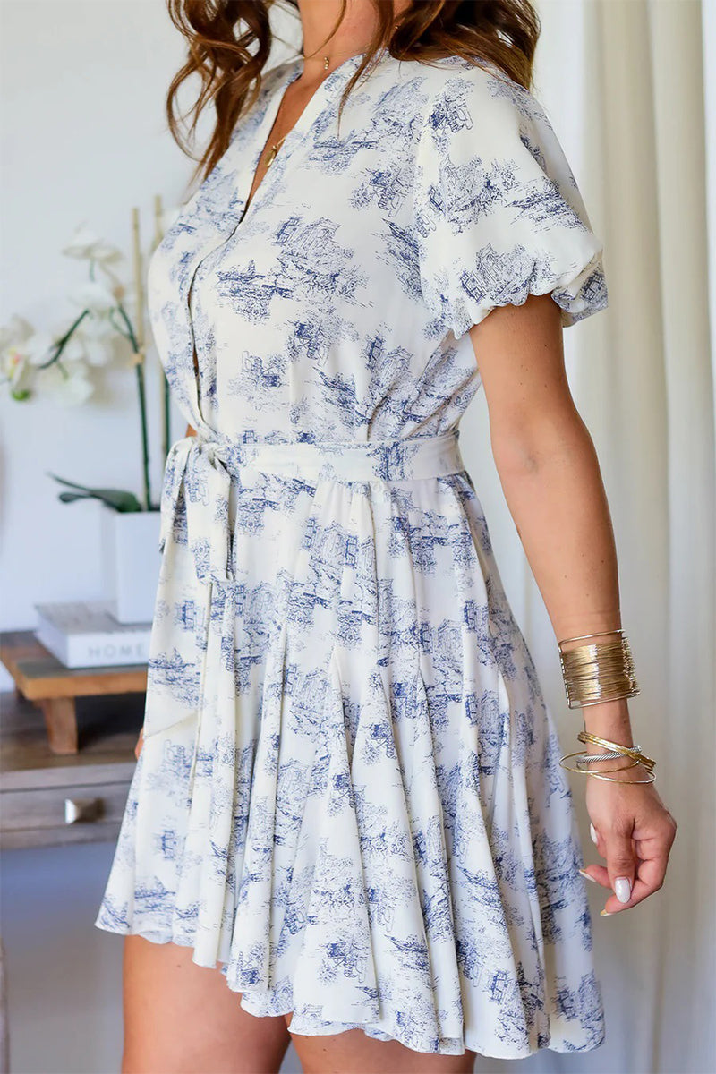 Robes élégantes du quotidien, imprimé paysage, lacets, décolleté en V, style A-line.