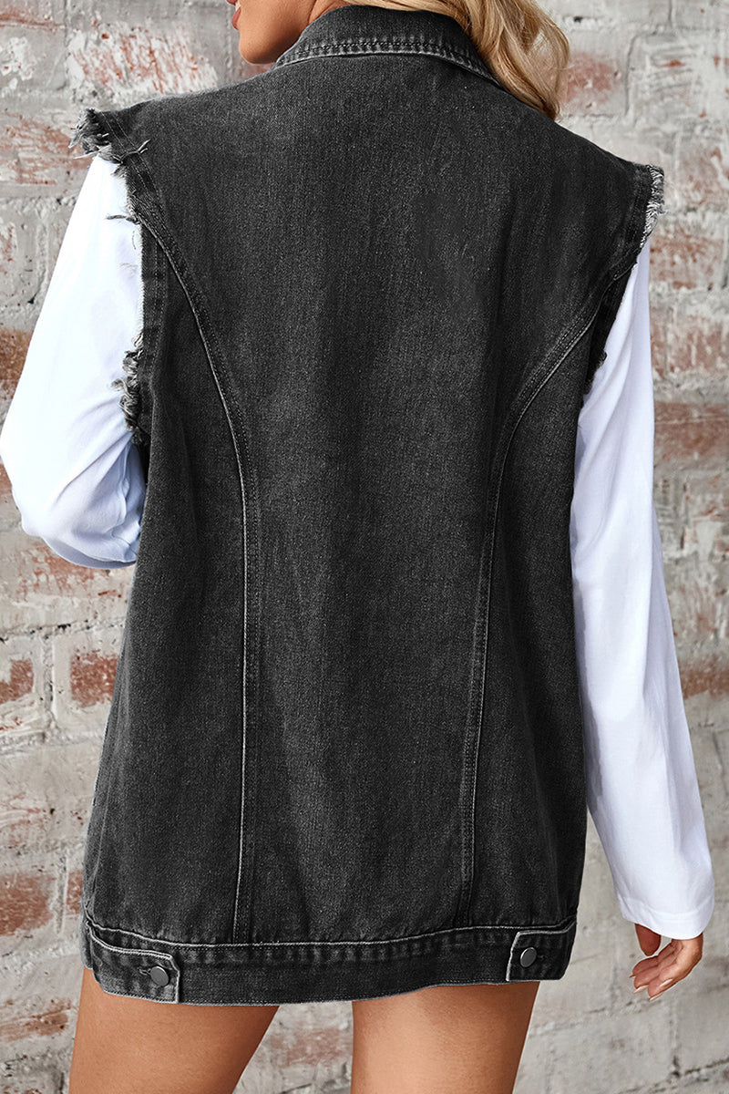 Veste en jean délavée, décontractée, à porter au quotidien, sans manches, à col montant, avec boutons.