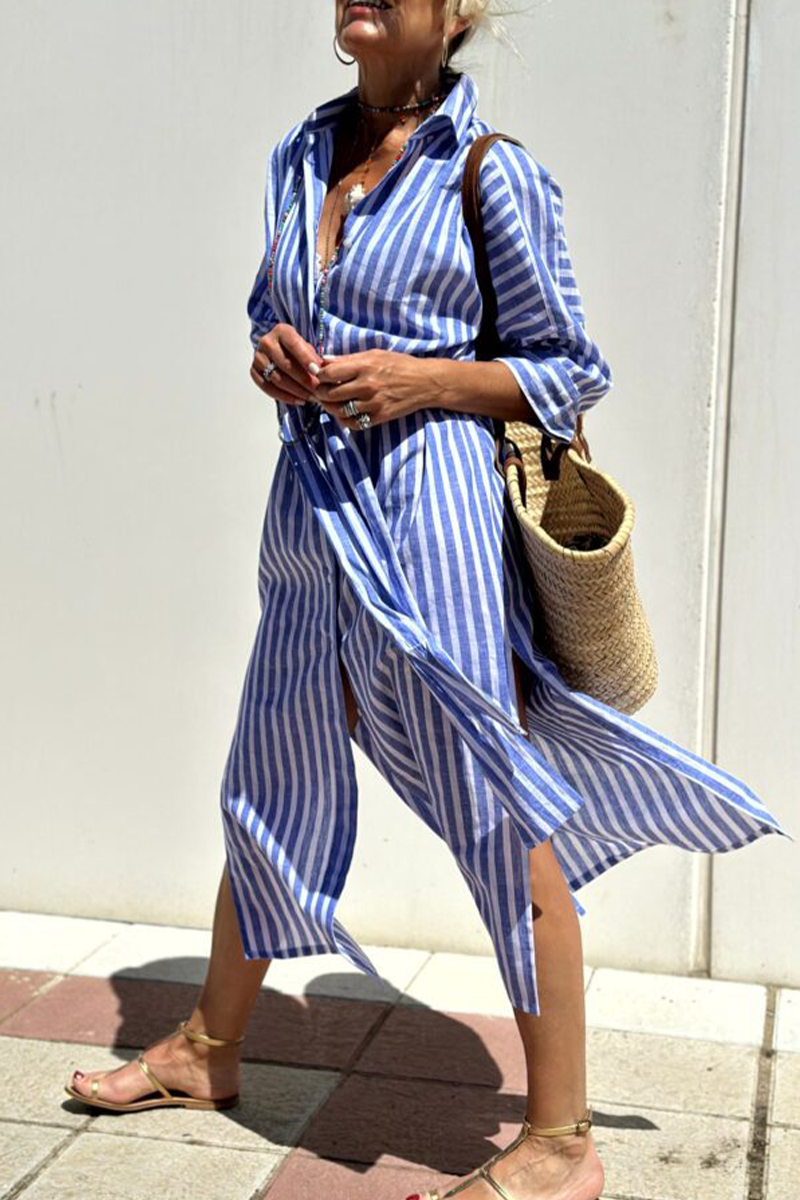 Robes chemises décontractées à imprimé géométrique, à lacets, à boutons et col montant (5 couleurs)