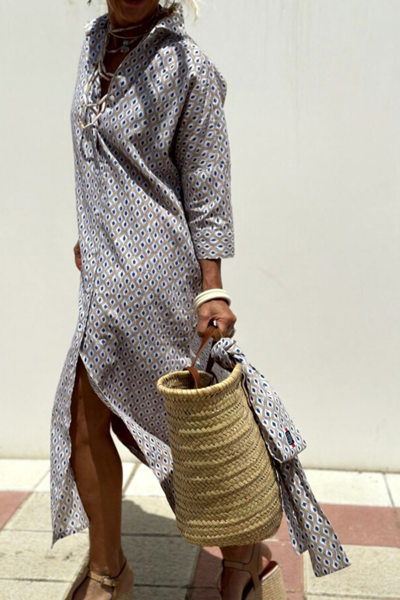 Robes chemises décontractées à imprimé géométrique, à lacets, à boutons et col montant (5 couleurs)