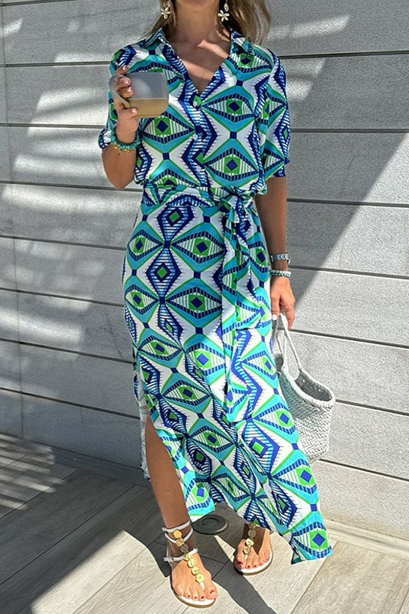 Robes chemises décontractées à imprimé géométrique, à lacets, à fente, col montant contrasté.