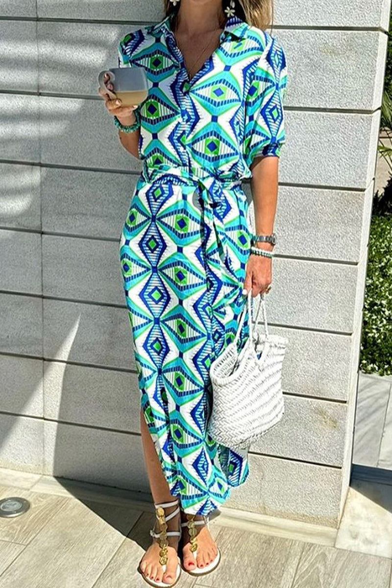 Robes chemises décontractées à imprimé géométrique, à lacets, à fente, col montant contrasté.