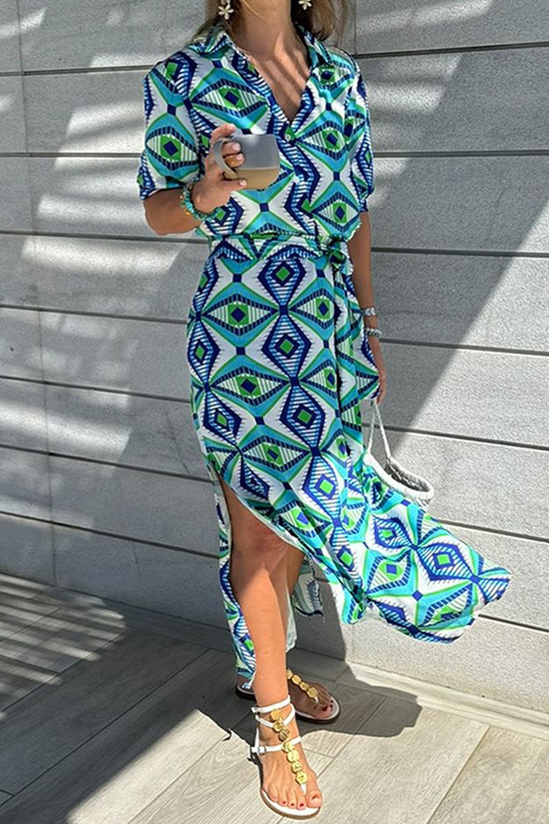 Robes chemises décontractées à imprimé géométrique, à lacets, à fente, col montant contrasté.